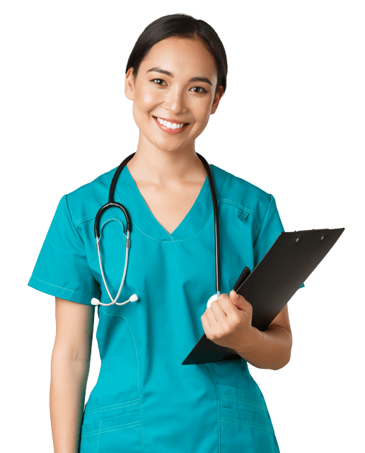 A smiling female nurse in teal scrubs holding a clipboard and stethoscope